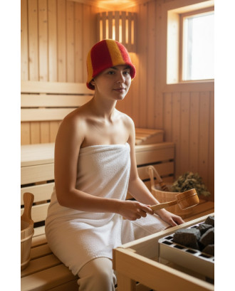 Cappello da sauna a righe rosso/giallo, 100% lana ACCESSORI PER LA SAUNA